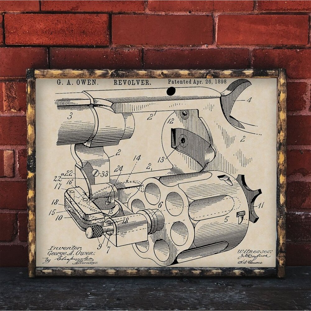 1898 G. A. Owen Revolver Patent Firearm Art 16x20 Vintage Gun Print on Parchment